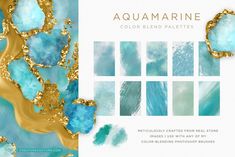 aquamarinee color blend palettes with gold foil and blue watercolor paint strokes