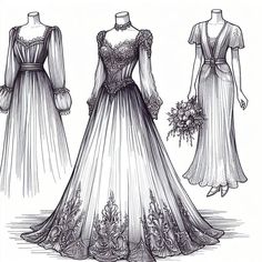 three dresses with long sleeves and laces on them