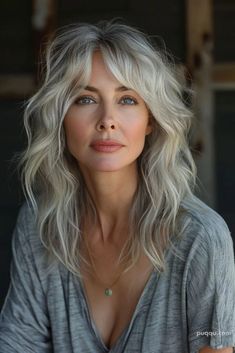 Bangs Wispy, Feathered Bangs, Woman Hairstyles, Grey Hair Inspiration, Hairstyles 2024, Kim Basinger, Long Gray Hair, Wispy Bangs, Haircuts For Medium Hair