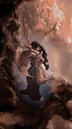 a painting of an angel hugging a woman in the clouds