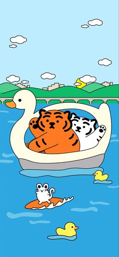 an image of a cartoon animal floating in the water with ducks and tigers around it