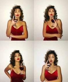 four pictures of a woman in red dress holding a wine glass and making a funny face