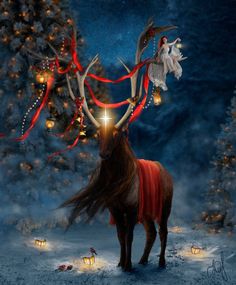 an animal with long hair standing in front of a christmas tree decorated with lights and angels