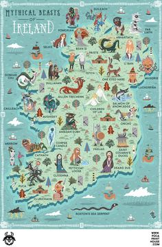 an illustrated map of ireland with all the main towns and major lakes in each country