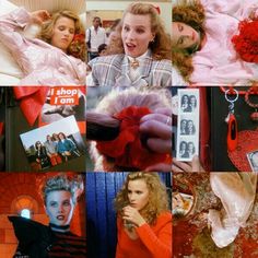 the collage shows many different women in red and pink outfits, including one woman with long hair