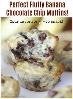 some banana chocolate chip muffins stacked on top of each other with the words, perfect fluffy banana chocolate chip muffins your favorite go - to snack