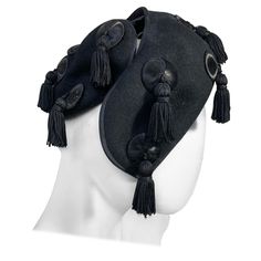 A fabulous 1940s Caspar-Davis black wool open-crown hat with all-over silk-flossed buttons and tassels providing captivating movement at every turn and gesture. Size Medium. Crown Hat, Vintage Hats, Hats Vintage, Black Wool, One Size Fits All, Accessories Hats, Embellishments, Tassels, Fashion Accessories