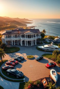 an aerial view of a house with many cars parked in front of it and the sun setting