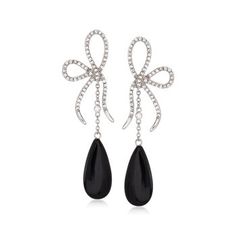 Ross-Simons - Black Onyx and 1.20 ct. t.w. Cubic Zirconia Bow Drop Earrings in Sterling Silver. Sleek black onyx teardrop earrings are sweetened by 1.20 ct. t.w. brilliant-cut CZ bows in sterling silver. Hanging length is 2 1/2". Post/clutch, CZ and black onyx drop earrings. CZ weights are diamond equivalents. Silver And Black Jewelry, Luxury Black Drop Earrings, Black Crystal Party Earrings, Elegant Black Crystal Dangle Earrings, Formal Black Teardrop Crystal Earrings, Silver Prom Jewelry, Silver Onyx Drop Earrings, Black Onyx Hoop Earrings, Black Statement Earrings