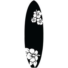 a black and white surfboard with flowers on it