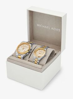 The perfect gift to share? Time together. Our his-and-hers Lennox watches are crafted from two-tone stainless steel and feature dials illuminated by allover pavé accents. Packaged in a sleek box, it’s an ideal match. Watch Set, Two Tone Watch, Womens Watches, Two Tone, Gold Tones, Water Resistant, Sleek, Perfect Gift, Stainless Steel