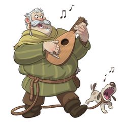 an old man is playing the guitar while his dog walks by him with music notes