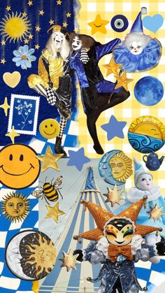 a collage of various images including clowns, stars and other things in the background