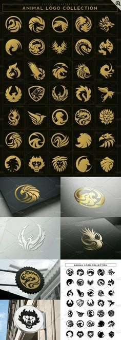 some gold and black logos are shown in this graphic design set, with the words'animal logo collection'written below them