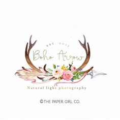 the paper girl co logo with antlers and flowers on it, in white background