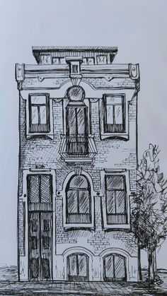 a drawing of a building with windows and balconies