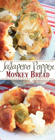 two plates with different types of food on them and the words jalapeno popper monkey bread