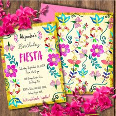 two birthday cards with pink flowers on them and the words fiesta written in mexican writing