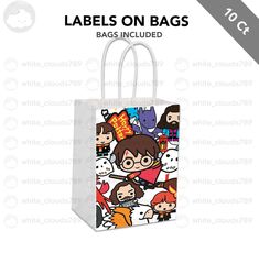 a white bag with cartoon characters on it and the words labels on bags are included