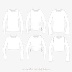 the front, back and side views of a long sleeved t - shirt in white