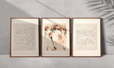 three framed photos with wedding vows and flowers on them, hanging on a wall next to a palm tree