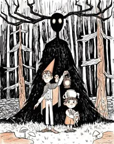 two children are standing in front of a giant black tree with an alien head on it