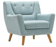 a light blue chair with wooden legs