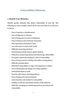 Vulnerability Worksheets - Mental Health Worksheets +15 Pages of evidence-based activities and prompts WHAT IS INCLUDED? Self-Assessment Vulnerability Obstacles Challenge Negative Beliefs Practice Emotional Awareness Embrace imperfections Build Trust Practice Self-Compassion Start Small and Gradually Increase Focus on the Positives Set Boundaries Self Reparenting, Vulnerability Worksheets, Emotional Awareness Worksheet, Free Worksheets For Mental Health, Trigger Worksheet, Boundaries Worksheet Mental Health, Self Improvement Worksheet, Self Awareness Worksheets, Self Development Worksheets