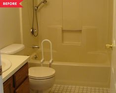 a white toilet sitting in a bathroom next to a bath tub and shower head mounted on the wall