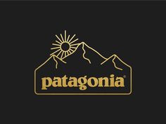 the logo for patagonia is shown on a black background with gold lettering and mountains