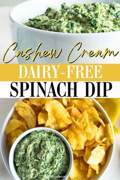 a bowl filled with spinach dip and chips