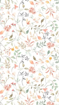 a floral wallpaper pattern with leaves and flowers on the white background, in pastel colors