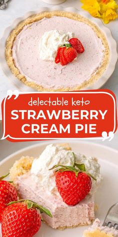 a strawberry cream pie on a white plate with strawberries