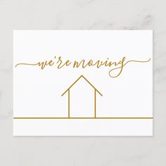 a white card with gold foil that says we're renoing on it and an arrow