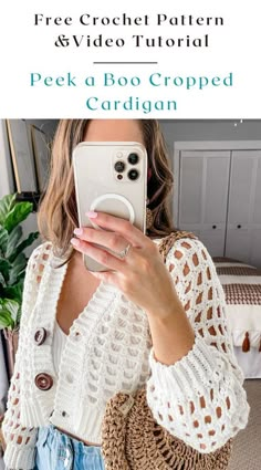 a woman taking a selfie in front of her phone with text overlay that reads free crochet pattern & video tutor