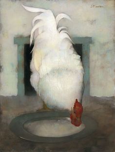 a painting of a white chicken standing on top of a table