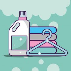 a bottle of cleaner and some clothes hangers on a light green background with bubbles