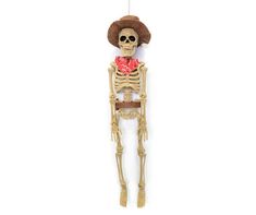 a skeleton with a straw hat and flower in it's mouth hanging from a hook