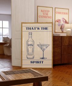 🍸 Elevate your spirits with our 'That's the Spirit' Vodka Poster! 🌟 This stunning navy blue print exudes a retro and fancy vibe with its chic design. Featuring a simply drawn vodka bottle and martini glass, it's the perfect addition to your bar cart, apartment, or any space in need of a touch of sophistication. 🏡🍹 Let the good times flow and the celebrations begin! Order now and toast to style with this timeless piece of art. Liquor Poster, Alcohol Poster, Bar Cart Wall, College House, Bar Cart Art, Bar Art, Apartment Decor Inspiration, Trendy Kitchen, Vintage Bar