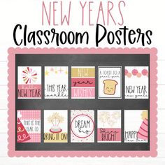 new years classroom posters with the words happy new year written in black and pink on them