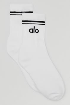 Unisex Half-Crew Throwback Sock - White/Black | Alo Yoga Expensive Wishlist, Pigeon Nest, Yoga Outfits, Workout Tights, Yoga Socks, Tube Socks, Back Women