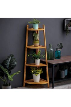 three tiered wooden plant stand with plants on it in front of a gray wall