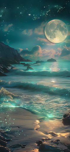 an ocean scene with the moon and stars in the sky