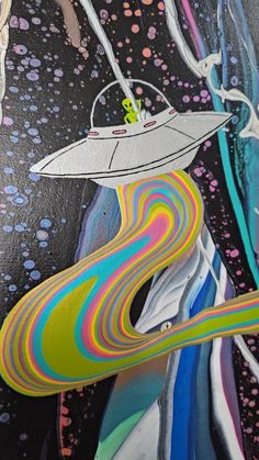 an abstract painting with different colors and shapes in the form of a spaceship flying through space