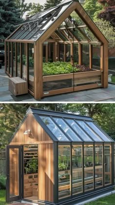 two pictures showing the inside and outside of a small greenhouse with plants growing in it