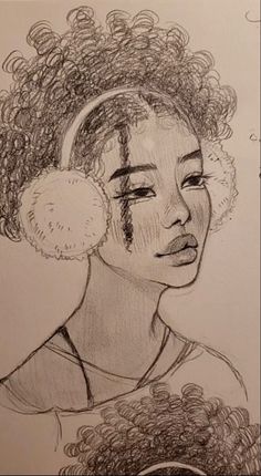 a pencil drawing of a woman with curly hair and ear rings on her head, looking to the side