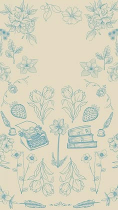 an image of flowers and typewriters in blue ink