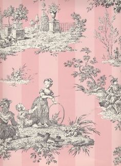 a pink wallpaper with black and white pictures on it