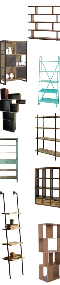 four different shelves with various types of furniture on each shelf and one has a ladder for storage