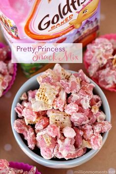 pretty princess snack mix in a bowl next to a bag of goldfish crackers